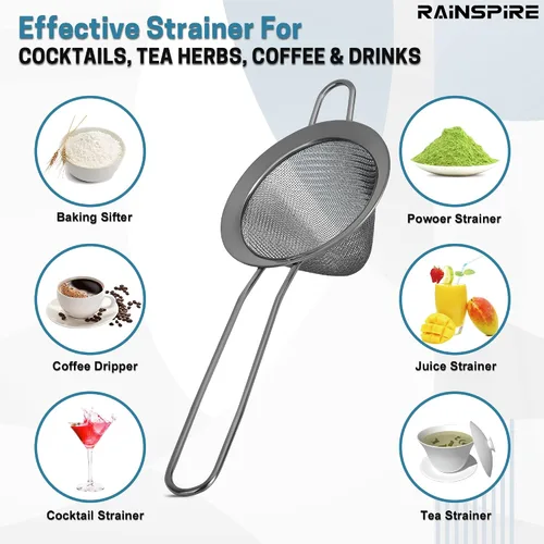 Vista 3 de Rainspire Colador pequeño de acero inoxidable de malla fina, mini colador de cóctel para cócteles, hierbas de té, café y bebidas, colador de té