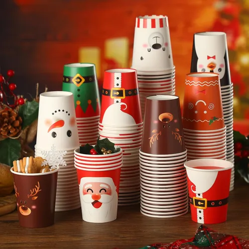 Vista 7 de Zhehao 200 Piezas Vasos de Papel de Navidad Xmas Vasos Desechables de Café 9 oz Santa Muñeco de Nieve Alce Vasos Desechables de Papel de Navidad