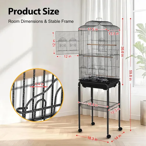 Vista 5 de Jaula grande de metal para pájaros de 60 pulgadas con soporte, jaula de loro rodante con estante de almacenamiento, bandeja deslizante, perca