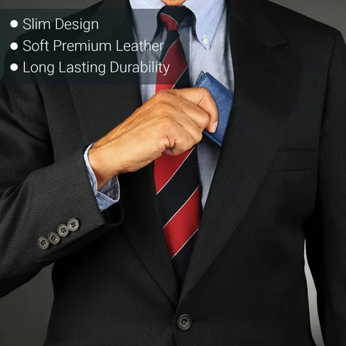 Vista 4 de STM Leaders Tarjetero delgado billetera con bloqueo RFID, cartera de cuero automática desplegable triple cartera de aluminio cartera de visita