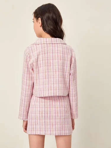 Vista 2 de WDIRARA Conjunto de 2 piezas para niña, chaqueta y falda de tweed de manga larga con botones frontales