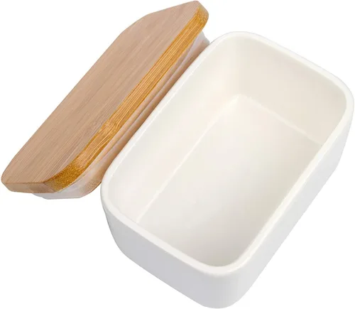 Vista 6 de Mantequillera de porcelana con tapa de bambú, recipiente de cerámica para encimera o refrigerador, plato de almacenamiento de mantequilla de cocina