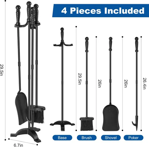 Vista 2 de Juegos de herramientas para chimenea con soporte, herramientas de fuego de hierro fundido, accesorios para chimenea, combustión de madera