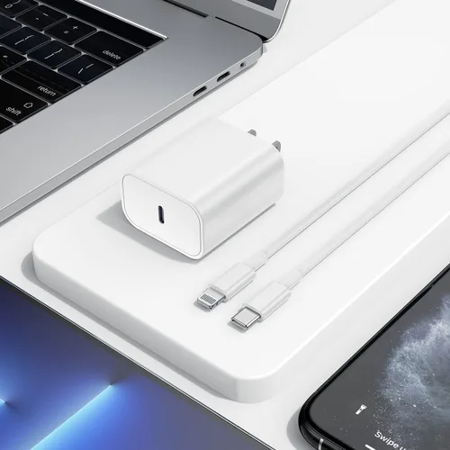 Vista 5 de Cargador rápido para iPhone, enchufe USB C de pared y cable de carga tipo C a Lightning de 10 pies de largo, adaptador PD USBC Cube Brick Box