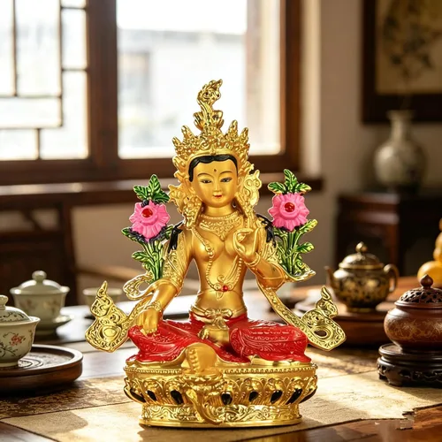 Vista 2 de Estatua de Bodhisattva Ocho Mascota Budista Proveedores Cobre Dorado Color Verde Tara Buddha Estatua