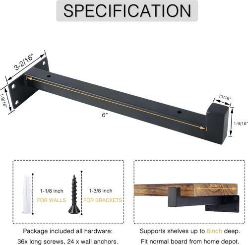 Vista 3 de OVOV Paquete de 6 soportes de estante negros de 6 pulgadas con soporte de estante industrial para almacenamiento de cocina, baño, soporte de estante