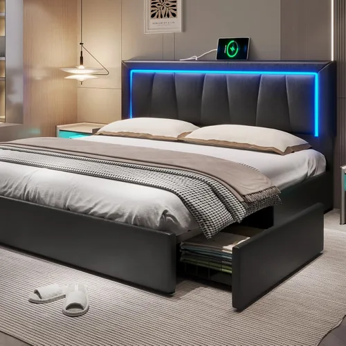 Vista 11 de Hasuit Marco de cama Full con 4 cajones de almacenamiento debajo, cama de plataforma tapizada tamaño Full con cabecera de cuero artificial, cama