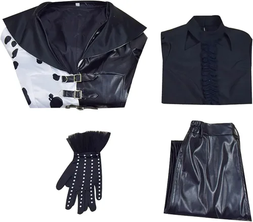Vista 7 de Cruella Cosplay abrigo vestido mujer dálmata chaqueta pantalón falda traje malvado diablo Halloween traje negro blanco traje niña