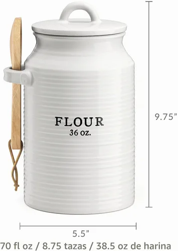 Vista 6 de Barnyard Designs - Tarro de harina decorativo para encimera de cocina, recipiente de cerámica para harina, tarro de granja rústico, blanco