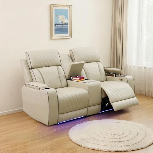 Vista 29 de Sofá reclinable con luces LED, sofá reclinable de cuero con dos asientos reclinables/puerto USB/consola de almacenamiento/soporte para vasos