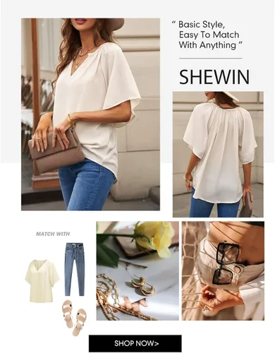 Vista 5 de SHEWIN Blusa casual de gasa con cuello en V para mujer, holgada, manga 34, plisada, holgada