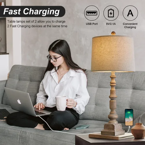 Vista 7 de Oneach Juego de 2 lámparas de mesa USB vintage de 27.75 pulgadas para sala de estar, dormitorio, lámpara tradicional de mesita de noche con doble