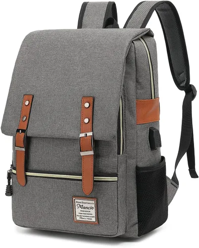 Vista 6 de Mancio Mochila vintage delgada para laptop para mujeres y hombres, bolsa universitaria de negocios resistente a desgarros con puerto de carga USB