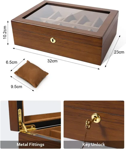 Vista 5 de Uten Caja de reloj con 10 ranuras, organizador de caja de reloj con cerradura dorada y llave, caja de almacenamiento de madera con cojines de reloj