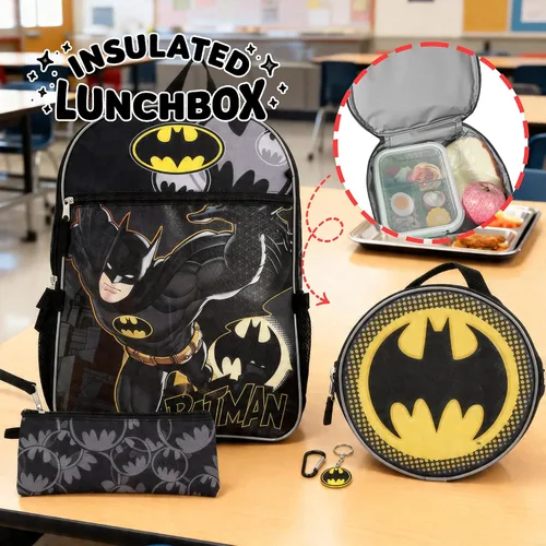 Vista 4 de DC Comic Book Batman Symbol - Juego de accesorios de mochila de 5 piezas para niños