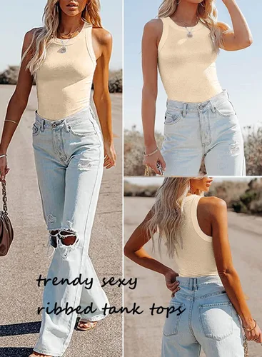 Vista 4 de Samefar Camiseta sin mangas de punto delgado para mujer, con espalda cruzada, casual, básica, acanalada