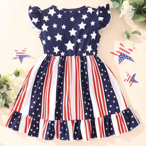 Vista 3 de Vestido para niñas del 4 de julio, vestidos de bandera estadounidense, manga con vuelo, ropa patriótica, trajes para el día de la independencia