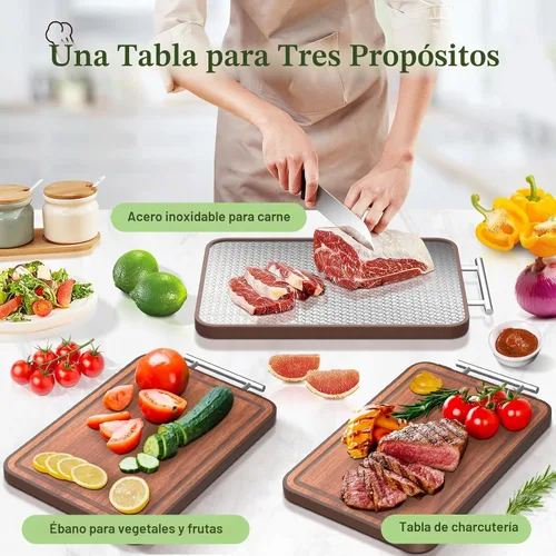 Vista 5 de Tabla de Cortar de Acero Inoxidable y Madera de Doble Cara Tablas de Cortar para Cocina - 2 en 1 Ébano Metal con Mango Resistente a Rayones Carne