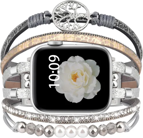 Vista 14 de Pulsera con cuentas boho para Apple Watch Band de 46 mm, 40 mm, 38 mm, 41 mm, 44 mm, 42 mm, 45 mm, 49 mm para mujer, accesorios de cuero envolvente