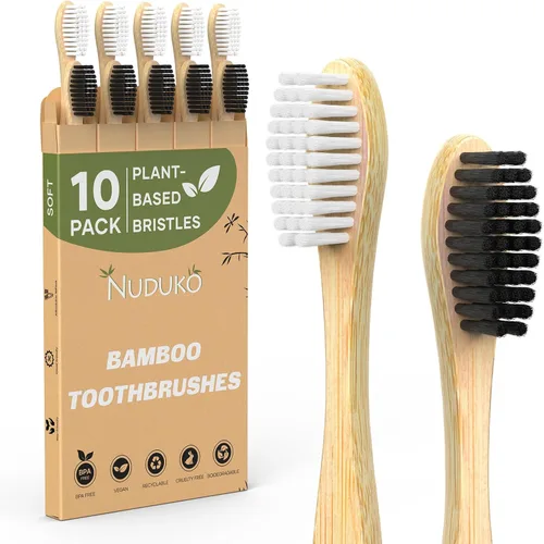Vista 9 de NUDUKO Cepillos de dientes de bambú biodegradables, paquete de 10 unidades, ecológico, cepillo de dientes de madera natural, sin BPA
