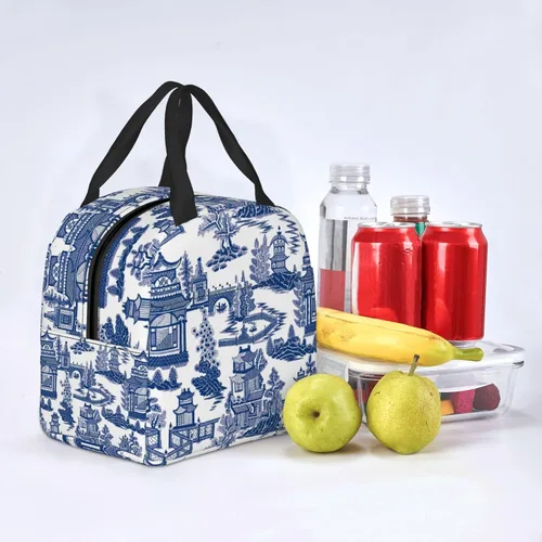 Vista 4 de Blue Willow Ancient Ming Chinoiserie - Bolsa de almuerzo aislada reutilizable, 8.5 x 8 x 5 pulgadas