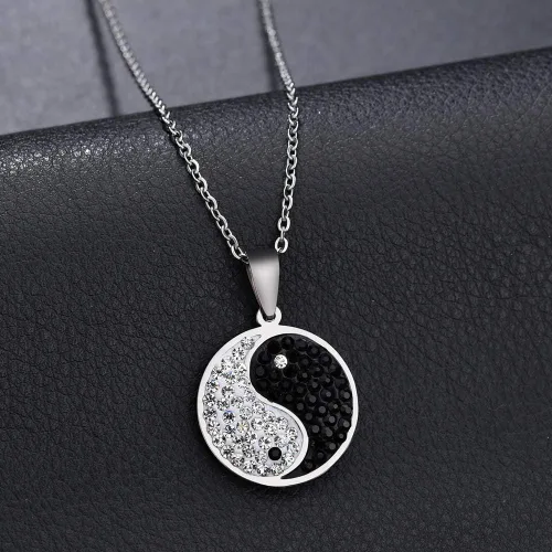 Vista 3 de Yin Yang collar quirúrgico de acero inoxidable chino Taiji Bagua joyería con diamante ocho diagramas, Metal, Circonia cúbica