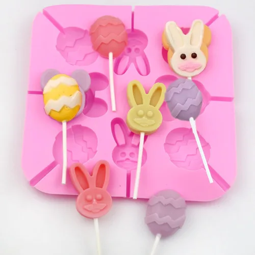 Vista 6 de Paquete de 2 moldes de silicona para piruletas de Pascua, 8 moldes de silicona para piruletas de conejito de cavidad, molde de caramelo duro