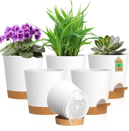 Vista 14 de WSMKSZ Macetas de riego automático de 4 pulgadas para plantas de interior y exterior, paquete de 6 macetas de plástico con agujeros de drenaje