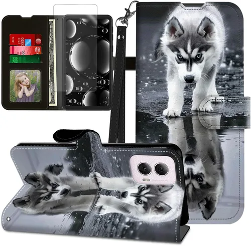 Vista 261 de Funda para Motorola Edge 2022 con protector de pantalla, soporte y tarjetero y correa para la muñeca, funda magnética para Moto Edge 2022 5G UW Lobo