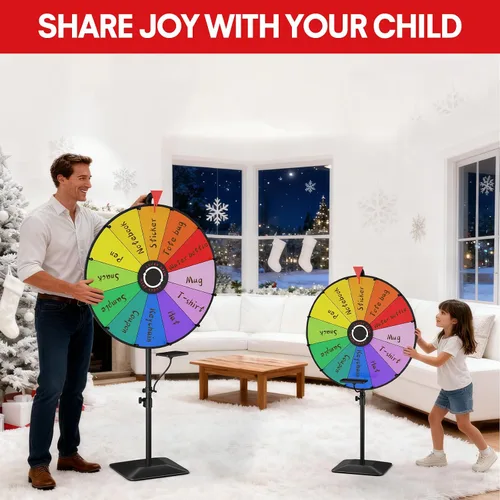 Vista 2 de Rueda de premios de 24 pulgadas, rueda giratoria ajustable con base pesada de alta resistencia Adjustable 47"-61" Height, 12 Dry Erase Prize Slots