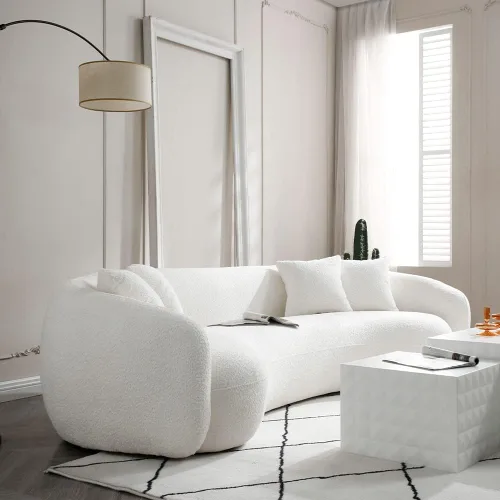 Vista 5 de Sofá curvado de 102 pulgadas, sofá modular Boucle moderno de 5 plazas, cómodo sofá tapizado en la nube de 5 asientos con almohadas para sala de Beige