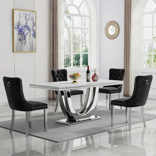 Vista 57 de Juego de mesa de comedor de mármol sintético, 7 piezas, juego de mesa de cocina y comedor para 6, mesa de comedor rectangular blanca de 70 pulgadas
