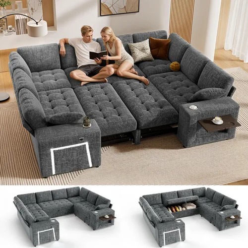 Vista 20 de Vipbear Sofá cama modular de 111 pulgadas con cama extraíble, sofá en forma de L de felpilla de 7 asientos con diván de almacenamiento, puertos USB