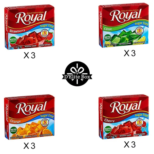 Vista 2 de Royal Gelatin - Paquete variado de 12 unidades que contienen 3 cajas cada una de 4 sabores – fresa, lima, naranja y cereza, compatible con la dieta