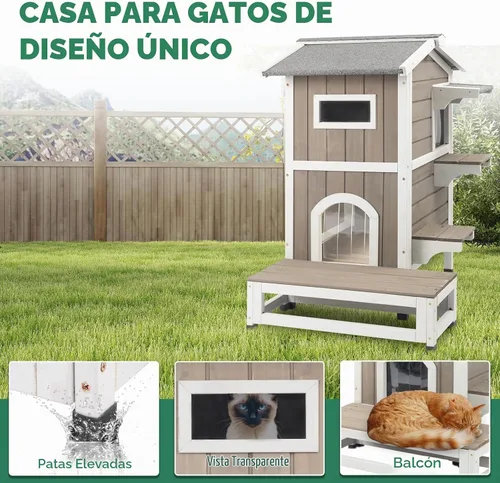 Vista 6 de Casa para gatos de varios niveles para exteriores, resistente a la intemperie con balcón, refugio de 4 puertas