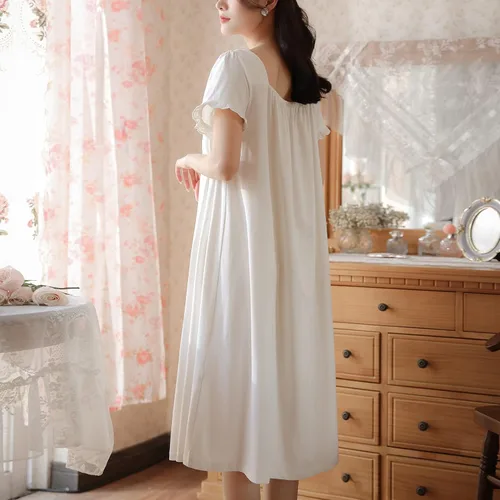 Vista 6 de Camisón victoriano de algodón para mujer, suave, largo, para dormir, manga corta, pijama de princesa, ropa de dormir