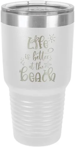 Vista 19 de La vida es mejor en la playa, vaso grabado de 76 ml con paja y tapa superior deslizante de acero inoxidable taza de viaje de acero inoxidable