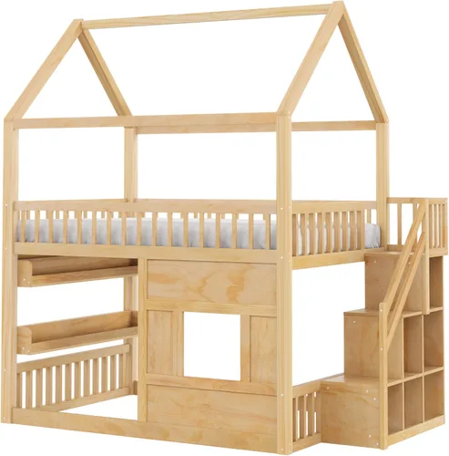 Vista 8 de Cama de casa de tamaño matrimonial con luz LED integrada y barandillas de seguridad, marco de cama de madera con escalera resistente para niños