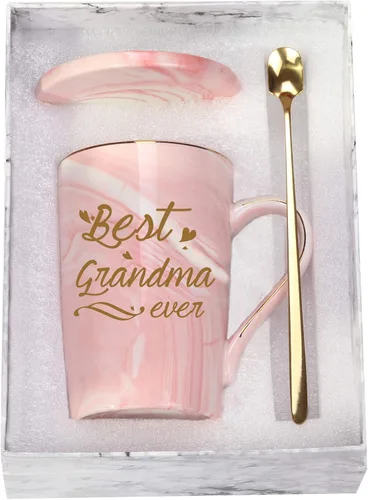 Vista 8 de Taza "Best Grandma Ever" Regalos de Café Cumpleaños Día de las Madres para de Nieta Nieto Nietos Nietos 14 Onzas Caja de Regalo con Cuchara y Tapete