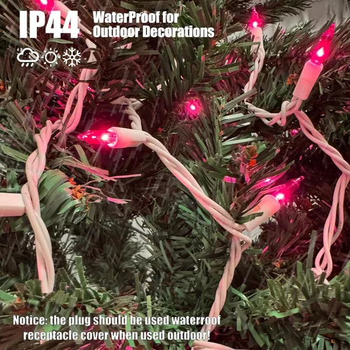 Vista 3 de Luces de Navidad, 100 unidades, luces de cadena rosadas para árbol de Navidad con cable blanco para decoración de Navidad al aire libre e