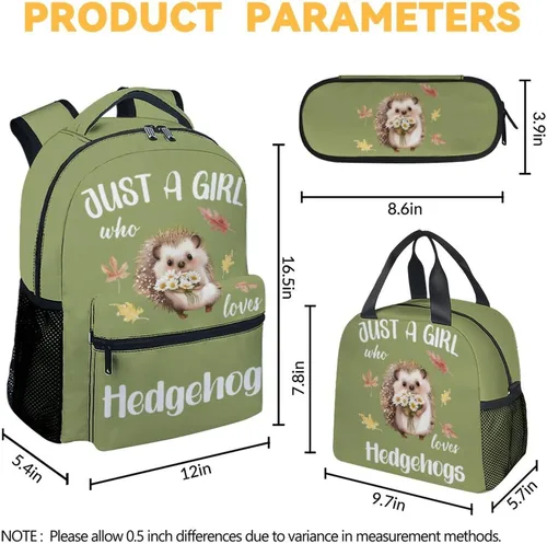 Vista 4 de Mochila de erizo con lonchera y estuche para lápices, bolsa de libros con temática de erizo de 16 pulgadas con correas ajustables, duradera, ligera