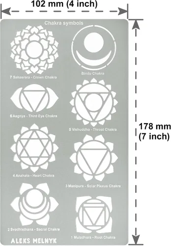Vista 4 de Aleks Melnyk No.415 Plantilla de metal, chakras, mandala, yoga, símbolos para meditación, Om, geometría sagrada, plantilla para leña, grabado
