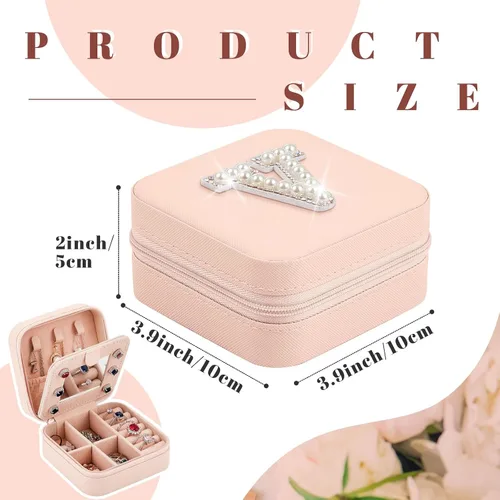 Vista 2 de Joyero de viaje con inicial, mini organizador de joyas rosa con espejo, anillo de viaje, aretes, soporte de joyería para mujeres, niñas, mamá