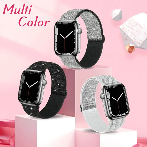 Vista 2 de Paquete de 3 bandas elásticas brillantes compatibles con Apple Watch Band de 1.99 pulgadas, 1.49 pulgadas, 1.57 pulgadas, 1.57 pulgadas, 1.61