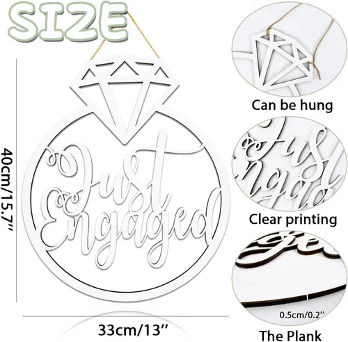 Vista 4 de Decoraciones de fiesta de compromiso, letrero de madera con texto en inglés «Just Engaged» para decoración de compromiso, anillo de diamantes