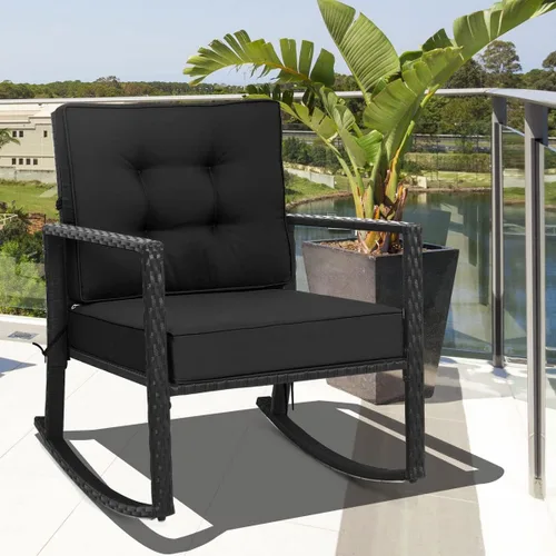 Vista 2 de HAPPYGRILL Mecedora de mimbre, silla mecedora de patio al aire libre con marco resistente, cojín grueso, mecedora de ratán para patio trasero