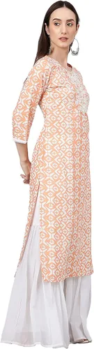 Vista 6 de Janasya Kurta recta impresa algodón melocotón de las mujeres indias para las mujeres