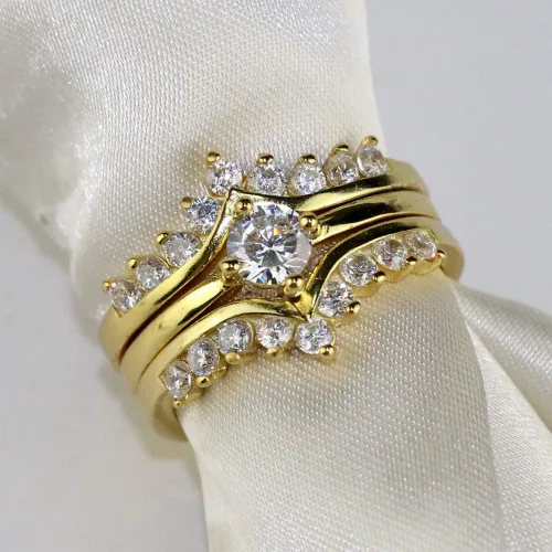 Vista 4 de Juego de 3 anillos de boda chapados en oro blanco para mujer, anillos de compromiso redondos de circonita azul