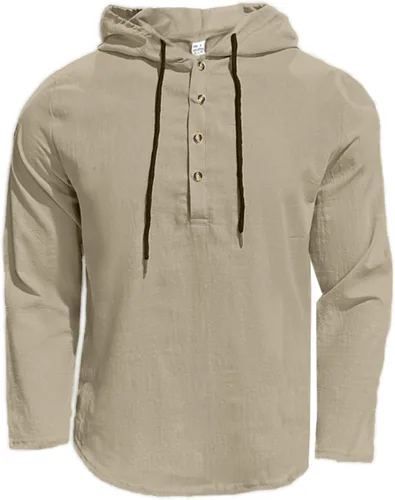 Vista 3 de Camisas de algodón y lino para hombre, estilo retro, hippie, guayabera, con capucha, manga larga, cuello en V, con botones, sudaderas con capucha