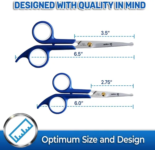 Vista 3 de Pet Magasin Tijeras japonesas de acero inoxidable (2) para vello facial y más grandes para recortar el cuerpo con punta redonda (azul)